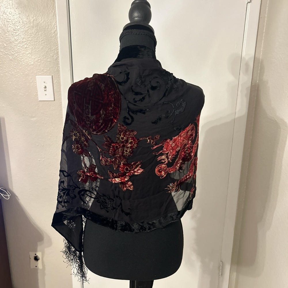 Black Velvet & Silk Floral Appliqué Shawl with Red Embroidery